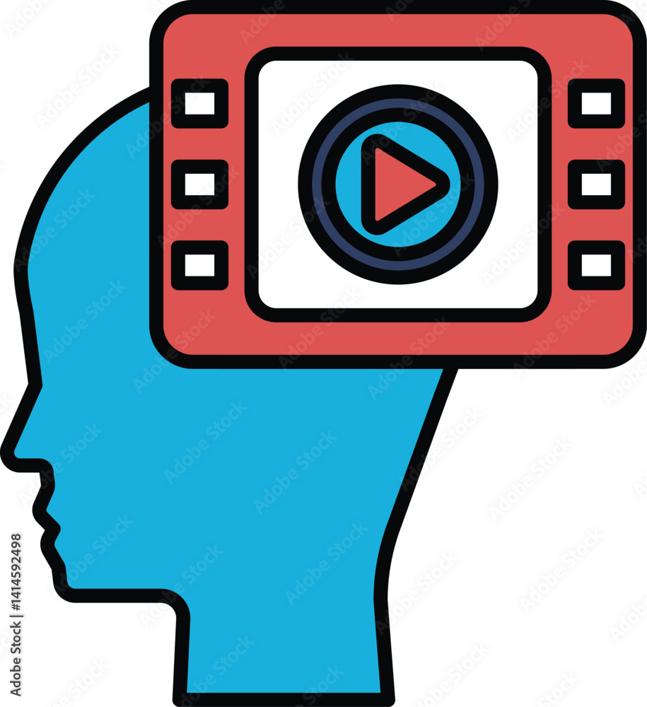 Poster a blue head with a red screen with a play button on it