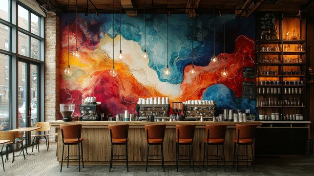 Stylish Cafe Interior Featuring Abstract Wall Art, Modern Lighting, and Rustic Wood Bar with Seating