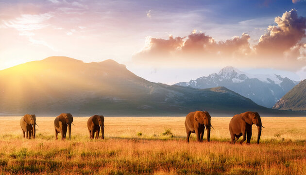 Big african elephant with romantic african landscape background in the sunset - Powered by Adobe