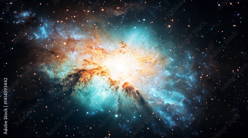 Poster vibrant nebula with swirling colors and bright core in deep space.