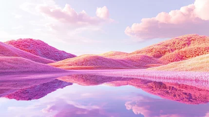  Pink hills reflect in calm lake at sunrise. Dreamy landscape for fantasy backgrounds © Saff