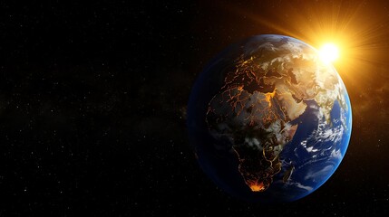Fototapeta premium Earth at sunrise from space, showcasing Africa, Europe, and Asia continents