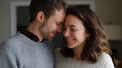 Fototapeta premium A loving couple expecting a baby in a cozy home embrace