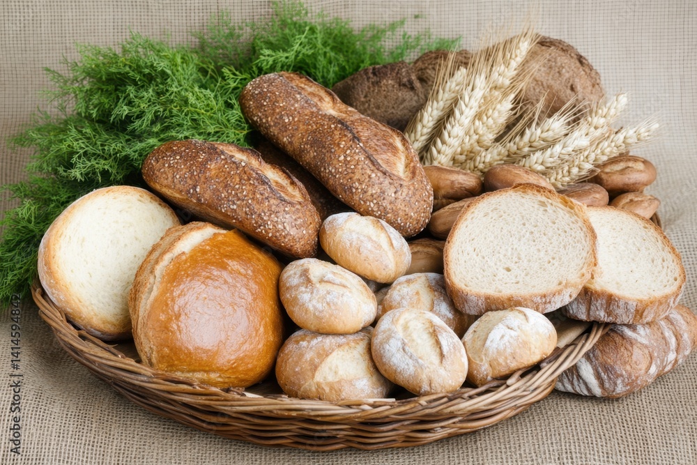 Poster rustic bread basket display with assorted loaves rolls and wheat stalks on burlap background close u