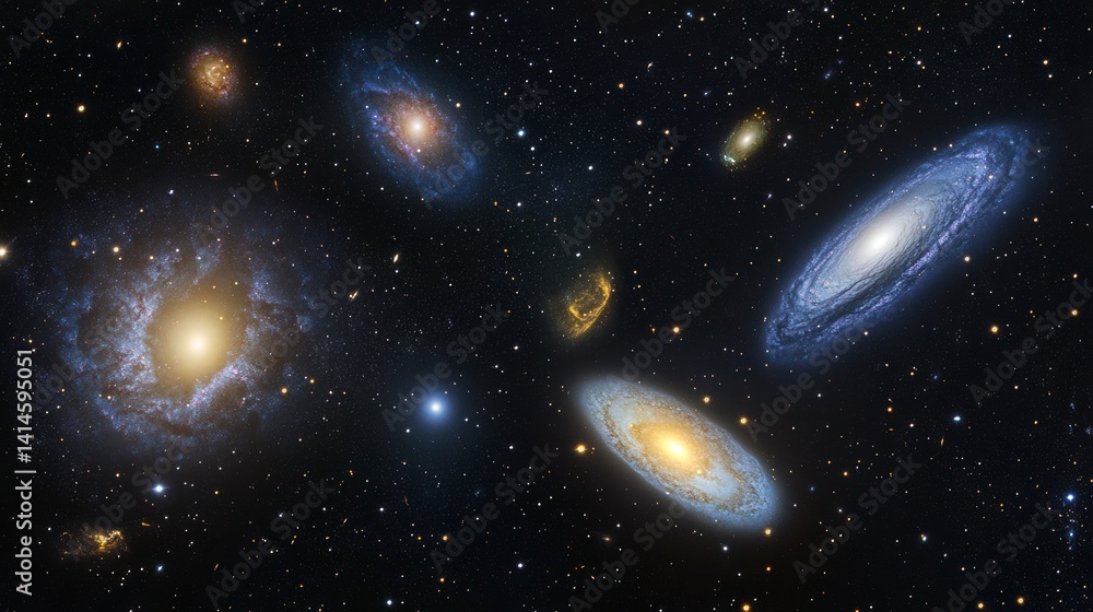 Poster stunning image of multiple galaxies in deep space, showcasing their diverse shapes, sizes, and color