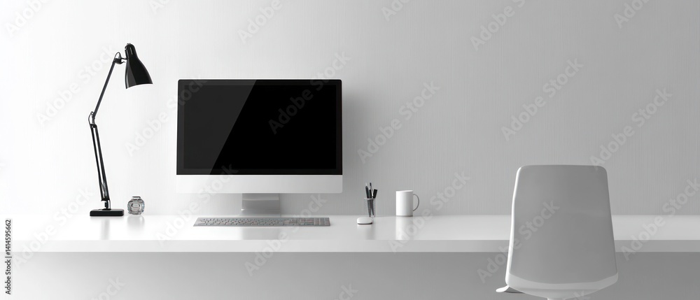 Poster minimalist workspace: modern computer setup with desk lamp and chair