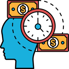 Obraz premium A blue head with a red clock on it and two dollar bills on the right side