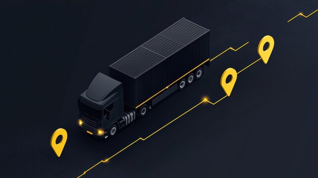 Isometric 3D delivery route map with glowing lines and location pins on dark background, showcasing real-time logistics, tracking, and smart route optimization., copy space for