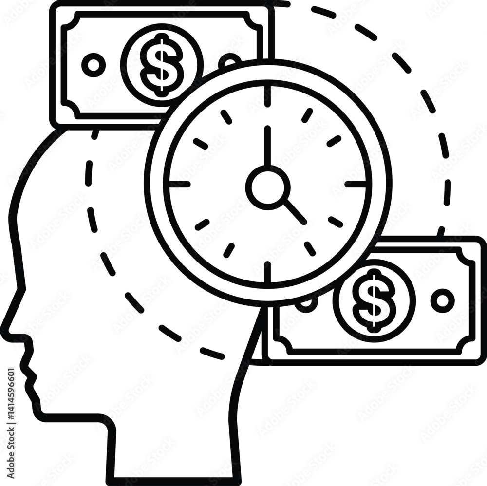 Poster head with a clock on it and two dollar bills on the right side