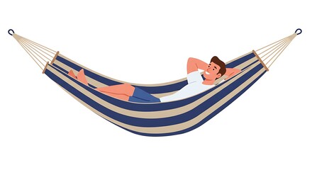 Vector illustration of a man relaxing in a striped hammock outdoors