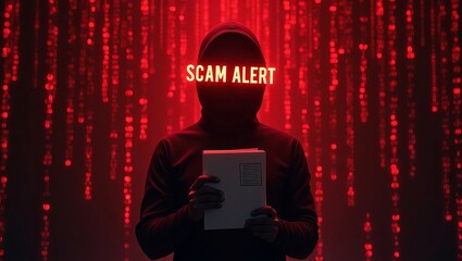 A mysterious figure in a black hoodie holds a white envelope, with 'SCAM ALERT' illuminated in red against a dark, digital backdrop.