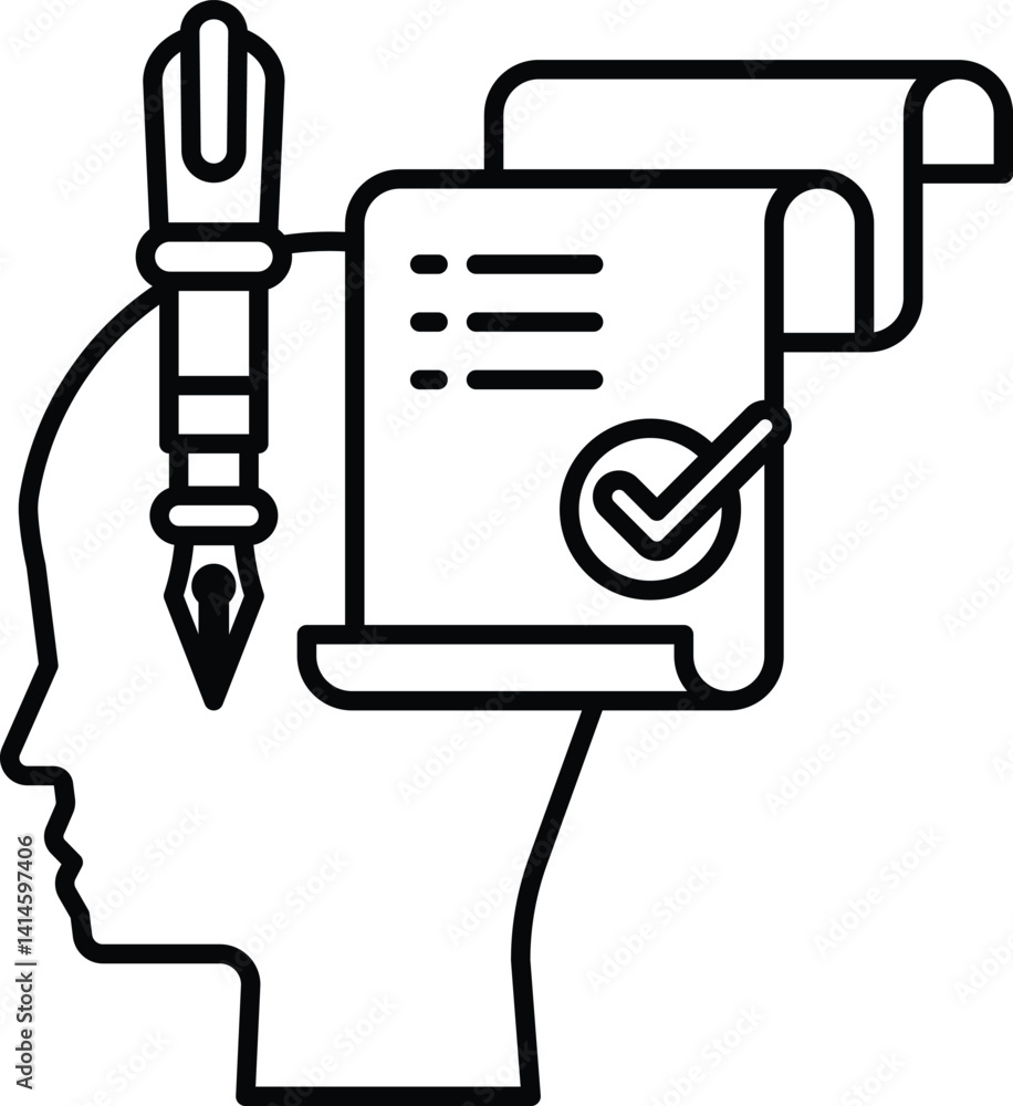 Poster head with a pen on it and a piece of paper with a check mark on it