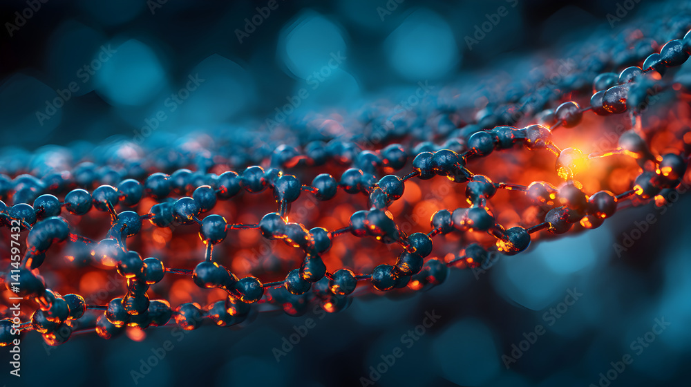 Poster abstract representation of molecular structure with glowing elements and blue background, highlighti
