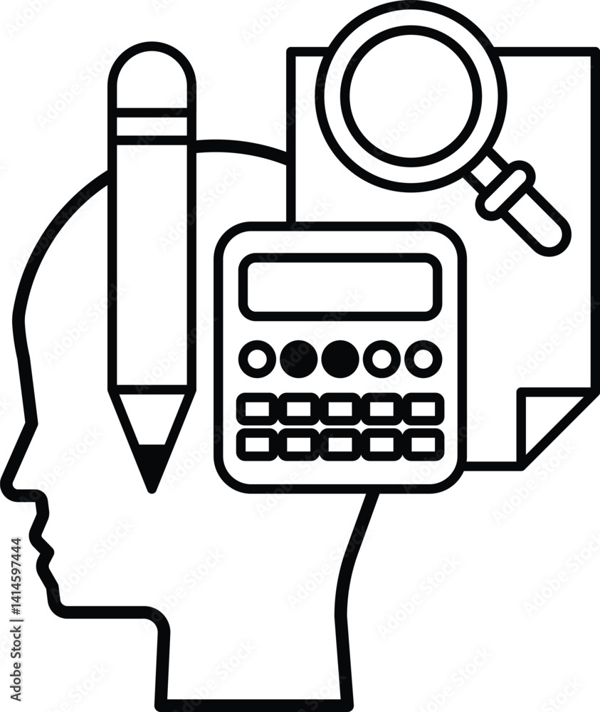 Poster head with a pencil and a calculator on it
