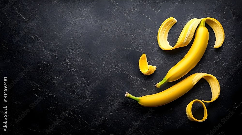 Poster dynamic arrangement of bananas and peels on black background abstract art minimalist style top view