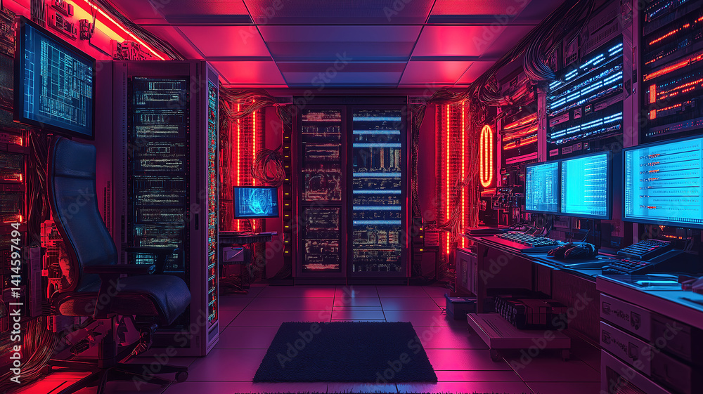 Poster server room with advanced technology and illuminated data racks highlighting detailed cable manageme