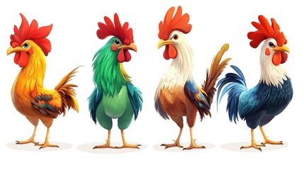 Fototapeta premium Four Colorful Cartoon Roosters.