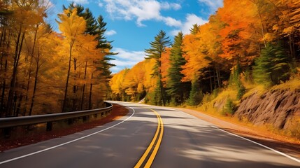 Naklejka premium A winding road through vibrant autumn foliage in a picturesque mountain landscape.