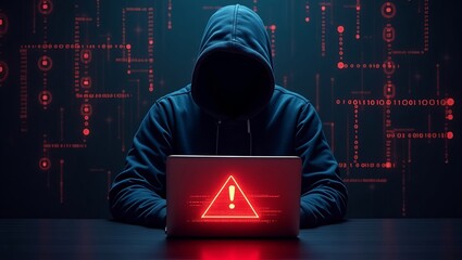 A figure shrouded in darkness, wearing a hoodie, typing on a laptop with a red warning symbol, conveying a sense of cyber threat.