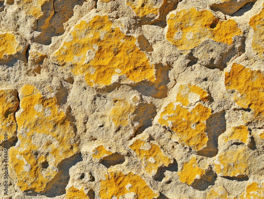 Poster weathered stone texture with vibrant yellow patches capturing the essence of aged architecture and n