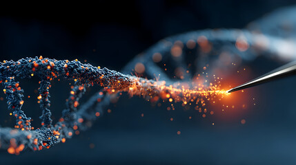 Fototapeta premium Digital representation of DNA strand with glowing particles illustrating genetic engineering and scientific research in biotechnology field
