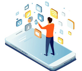 Man Interacting with Floating App Icons on a Giant Smartphone in Isometric Digital Interface Concept

