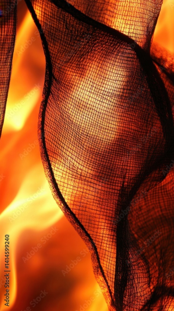 Poster ethereal black net fabric against a fiery orange backdrop creating a dramatic and sensual visual tex