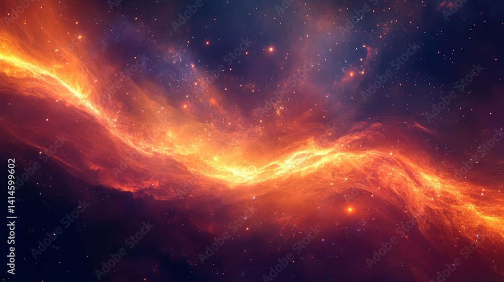 Poster fiery nebula in deep space with swirling orange and red gases.