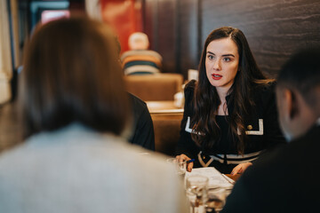A diverse group discussing a business agenda in a professional and modern workspace.