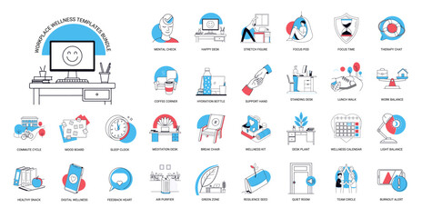 Fototapeta premium blue red workplace wellness mental health design tremplates set, physical activity environmental comfort importance balanced supportive work environment