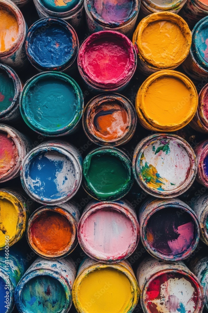 Poster artistic paint cans filled with vibrant colors creating a visually appealing texture and pattern fro