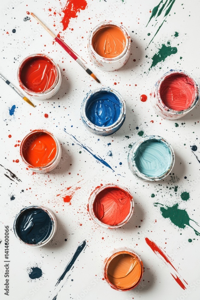 Poster vibrant array of colorful paint cans and artistic paintbrushes on a white canvas creating a creative