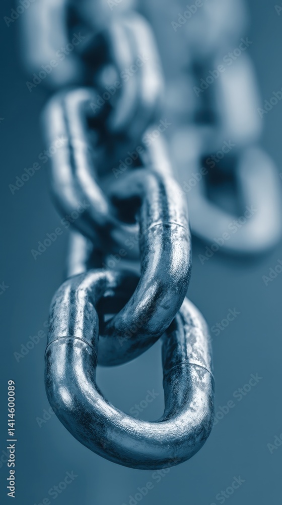 Poster metallic chain links in close up detail strength security connection concept with blue background