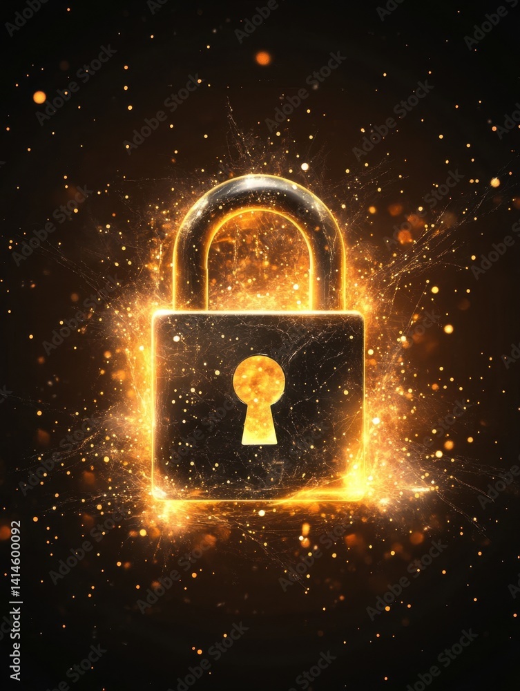 Poster golden padlock shining with digital particles on a dark background security concept cyber protection