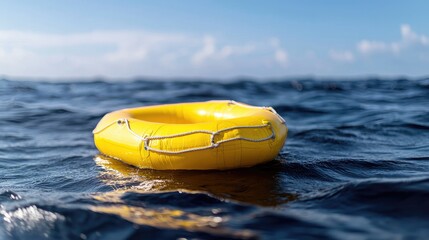Obraz premium Yellow inflatable ring floating on ocean waves summer vacation relaxation travel
