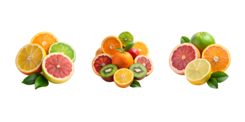Fresh citrus fruit mix of orange, lemon, and grapefruit, isolated on transparent background
