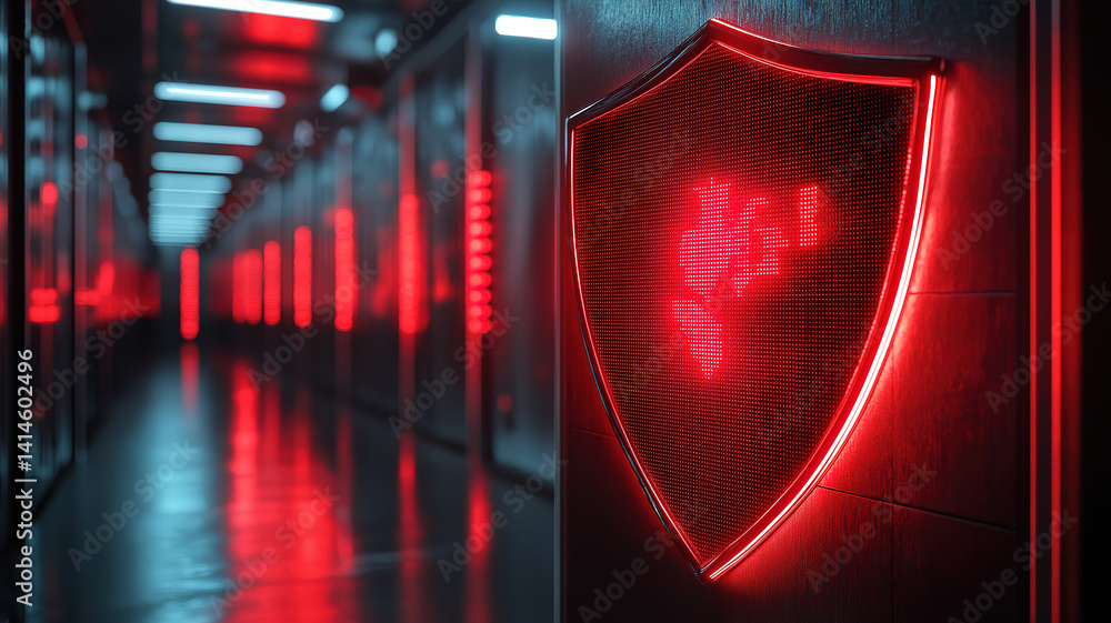 Poster red holographic effects highlighting a digital security shield in a modern data center environment