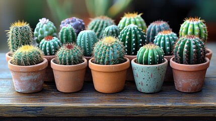 Assortment of potted cacti plants displayed on wooden table surface