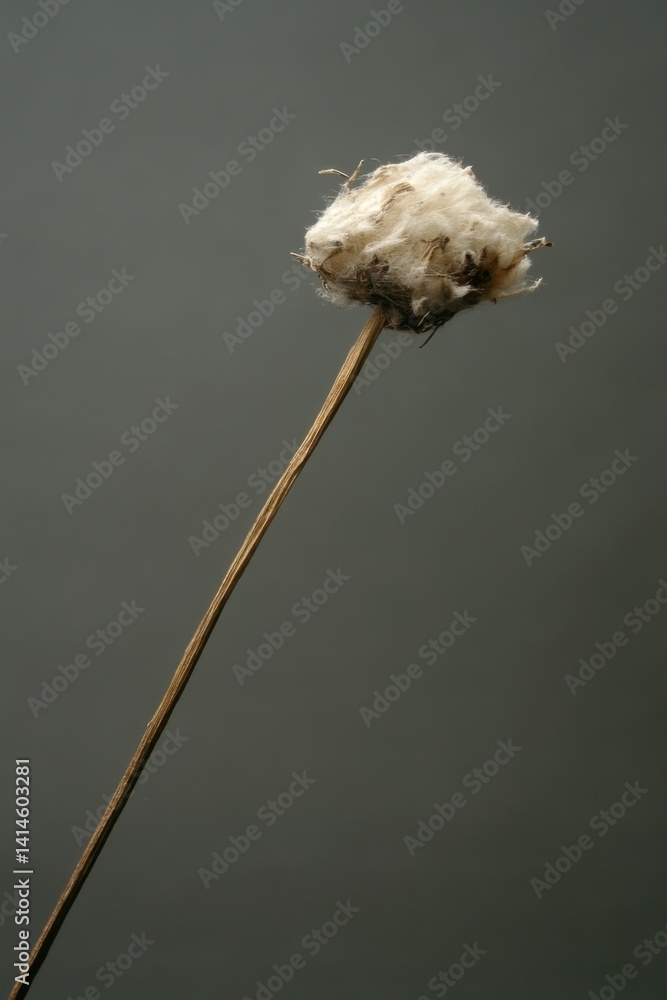 Poster single cotton boll with stem on gray backdrop showcasing soft texture and natural detail for botanic