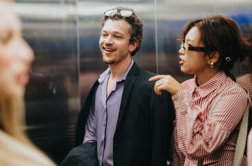 A group of young business people engaged in conversation, showcasing teamwork and communication in a modern office environment. Their attire and expressions reflect collaboration and diversity.