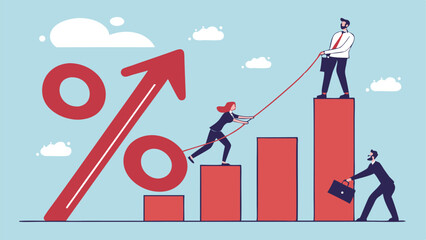 Business Team Achieving Growth Together With Bar Graph And Percent Increase For Financial Success Concept