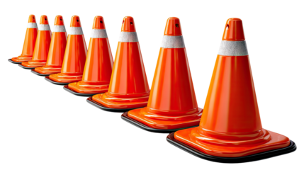 Traffic Cones Line:  A row of bright orange traffic cones  in a line ready for directing traffic,  providing clear, professional safety and organization.
