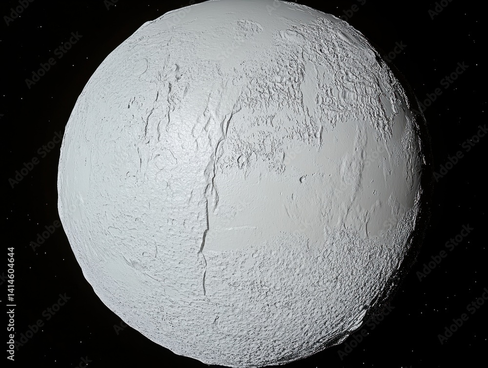 Poster enceladus icy moon of saturn with a heavily cratered surface in a dark space background with distant