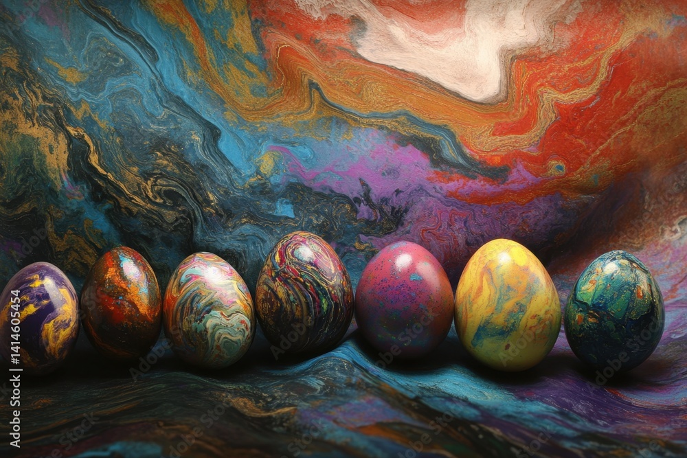 Poster vibrant easter eggs displayed on a swirling abstract background with rich colors and textures in a s