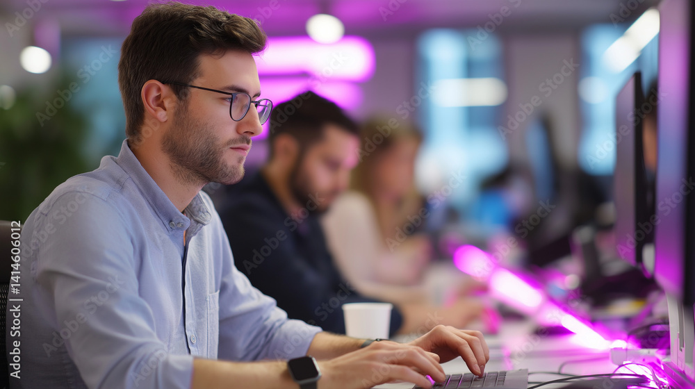 Aufkleber developers collaborating in a high-tech office environment