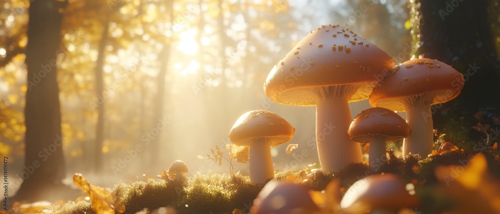 Aufkleber enchanting forest scene with golden light filtering through trees illuminating a cluster of orange m