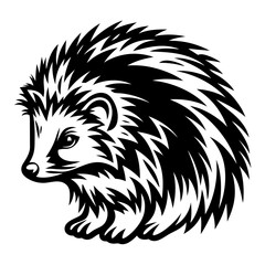 Monochrome vector illustration of a spiky hedgehog looking to the left
