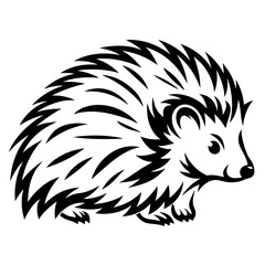 Black and white illustration of a stylized hedgehog with thick quills