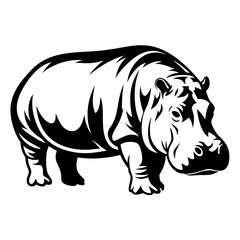 Monochrome Vector Graphic of a Hippopotamus Standing on a White Background