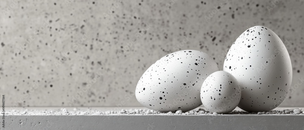 Poster minimalist still life of speckled eggs on concrete surface in soft light modern studio setting